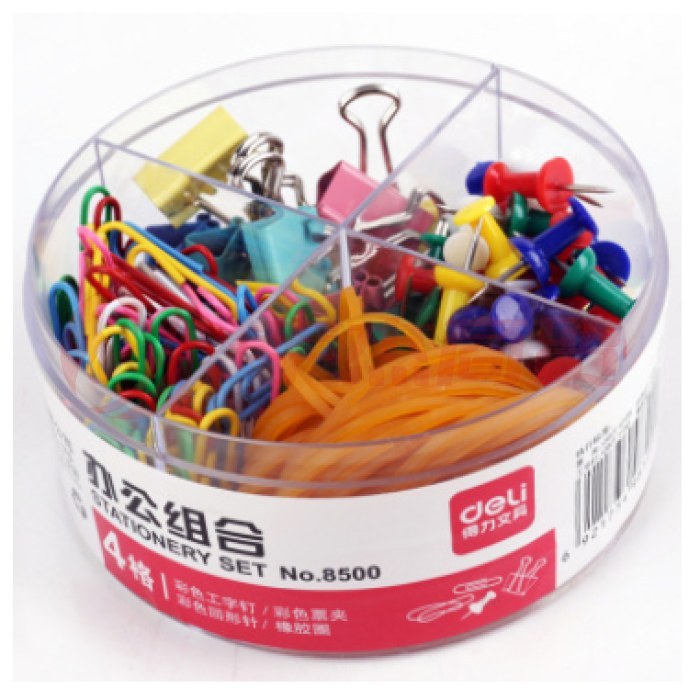 得力(deli) 8500 四合一办公用品组合套装 (19mm小号票夹10只+29mm回形针100只+工字钉50只+橡皮筋)/盒