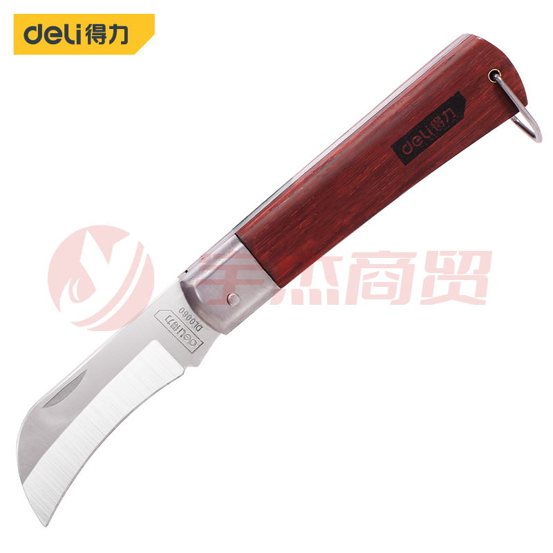 得力(deli) 原木手柄锰钢弯刃电工刀 折叠刀电缆刀电线切割工具 DL0060